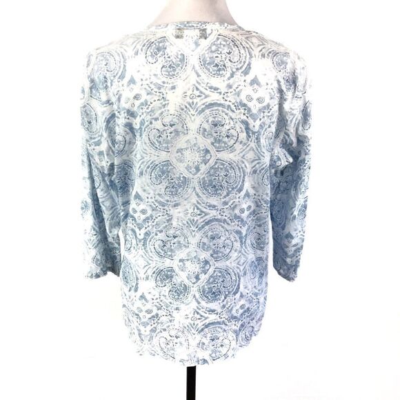 Jones New York Pheasant Blouse Blue White Lace Neck Large Petite - Picture 2 of 6
